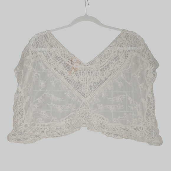 Whispers Sheer Blouse Medium Ivory Mesh Crochet Romantic Cropped Festival Boho - Picture 3 of 5